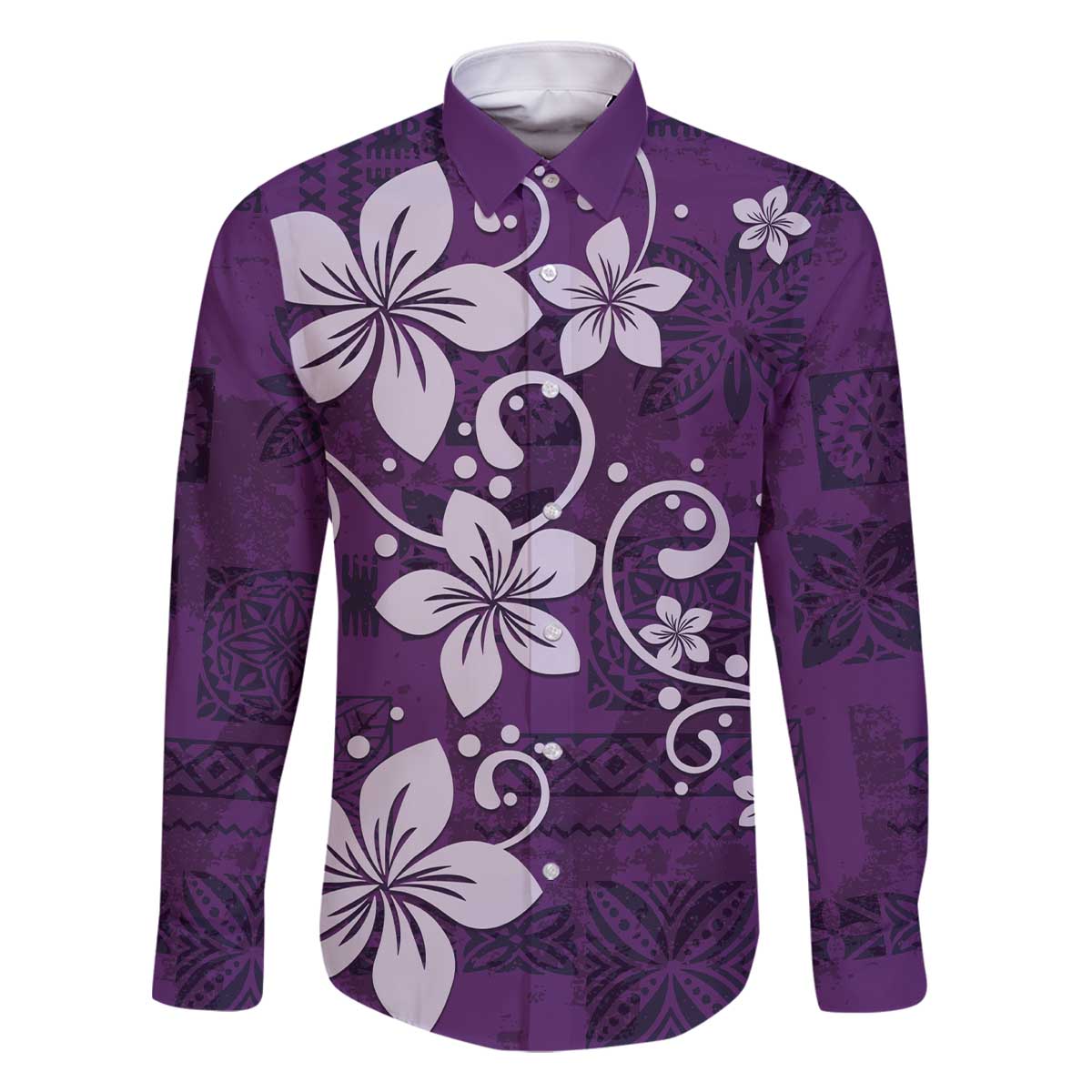 Plumeria Floral Tapa Pattern Amethyst Purple Family Matching Off The Shoulder Long Sleeve Dress and Hawaiian Shirt LT01 Dad's Shirt - Long Sleeve Purple - Polynesian Pride