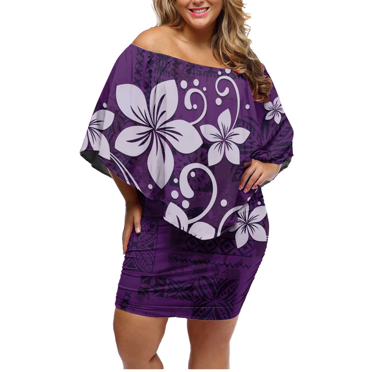 Plumeria Floral Tapa Pattern Amethyst Purple Family Matching Off Shoulder Short Dress and Hawaiian Shirt LT01 Mom's Dress Purple - Polynesian Pride