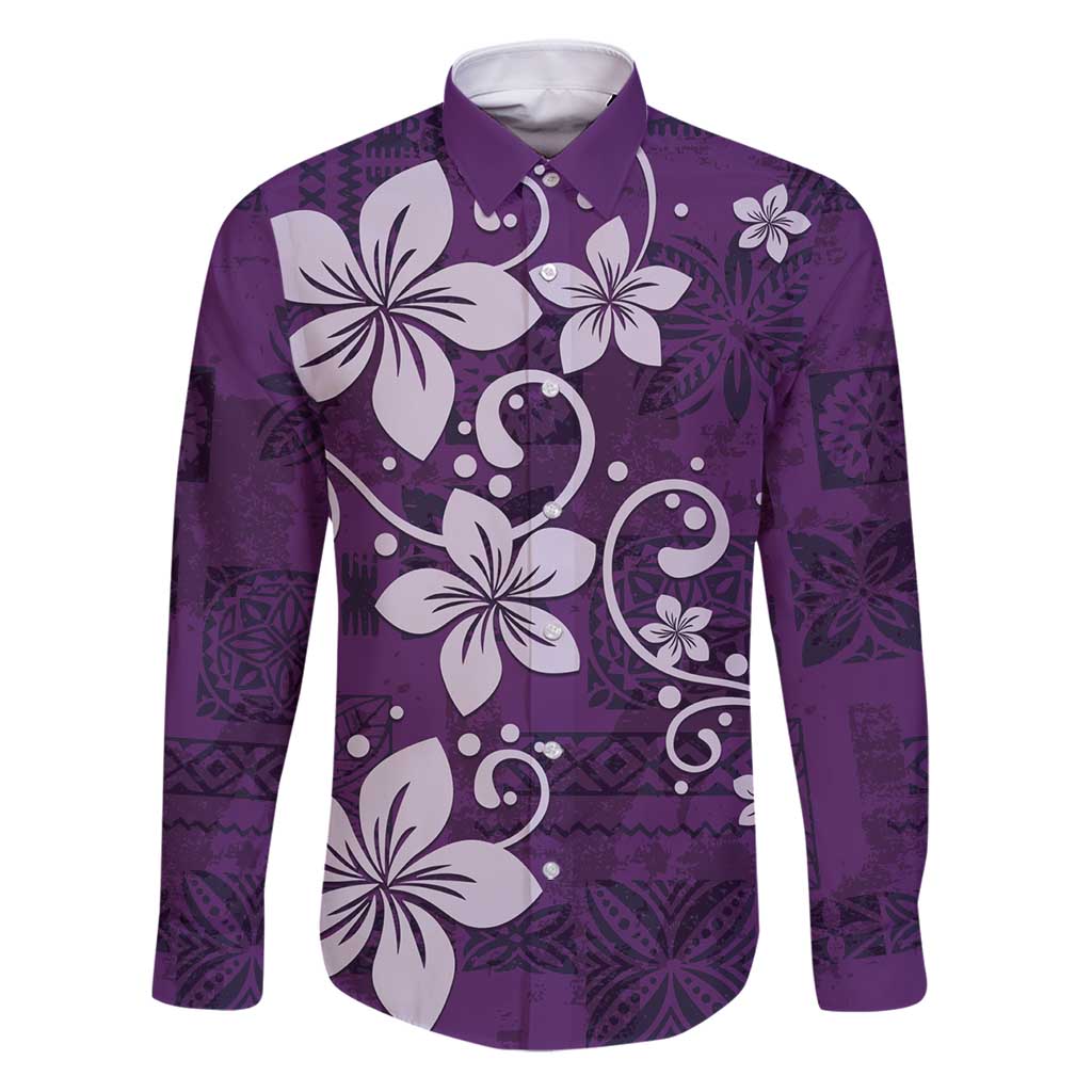 Plumeria Floral Tapa Pattern Amethyst Purple Family Matching Puletasi and Hawaiian Shirt LT01 Dad's Shirt - Long Sleeve Purple - Polynesian Pride