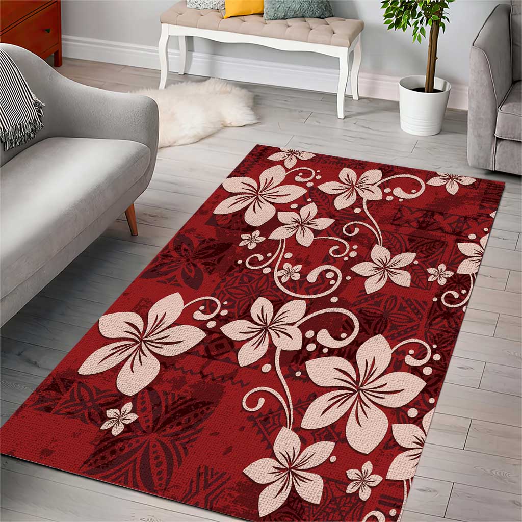 Plumeria Floral Tapa Pattern Oxblood Red Area Rug