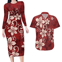 Plumeria Floral Tapa Pattern Oxblood Red Couples Matching Long Sleeve Bodycon Dress and Hawaiian Shirt LT01 Red - Polynesian Pride