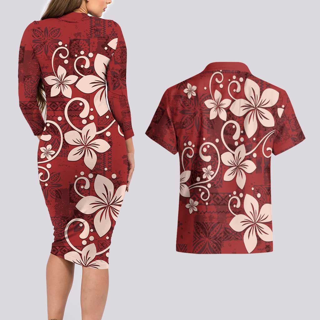 Plumeria Floral Tapa Pattern Oxblood Red Couples Matching Long Sleeve Bodycon Dress and Hawaiian Shirt LT01 - Polynesian Pride
