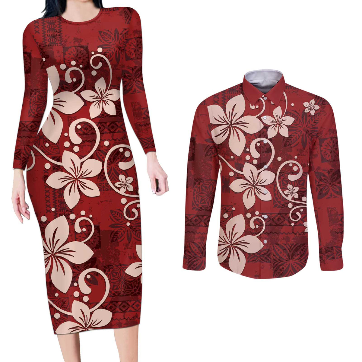 Plumeria Floral Tapa Pattern Oxblood Red Couples Matching Long Sleeve Bodycon Dress and Long Sleeve Button Shirt LT01 Red - Polynesian Pride