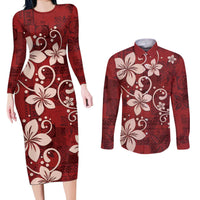 Plumeria Floral Tapa Pattern Oxblood Red Couples Matching Long Sleeve Bodycon Dress and Long Sleeve Button Shirt LT01 Red - Polynesian Pride