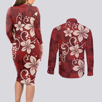 Plumeria Floral Tapa Pattern Oxblood Red Couples Matching Long Sleeve Bodycon Dress and Long Sleeve Button Shirt LT01 - Polynesian Pride