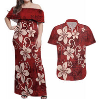 Plumeria Floral Tapa Pattern Oxblood Red Couples Matching Off Shoulder Maxi Dress and Hawaiian Shirt LT01 Red - Polynesian Pride