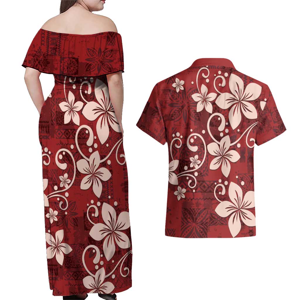 Plumeria Floral Tapa Pattern Oxblood Red Couples Matching Off Shoulder Maxi Dress and Hawaiian Shirt LT01 - Polynesian Pride