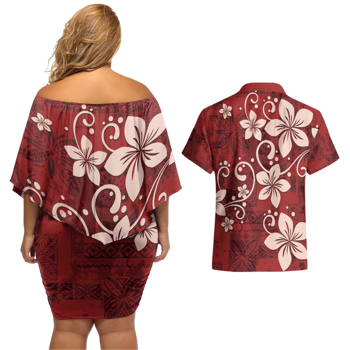 Plumeria Floral Tapa Pattern Oxblood Red Couples Matching Off Shoulder Short Dress and Hawaiian Shirt LT01 - Polynesian Pride