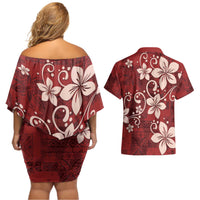 Plumeria Floral Tapa Pattern Oxblood Red Couples Matching Off Shoulder Short Dress and Hawaiian Shirt LT01 - Polynesian Pride