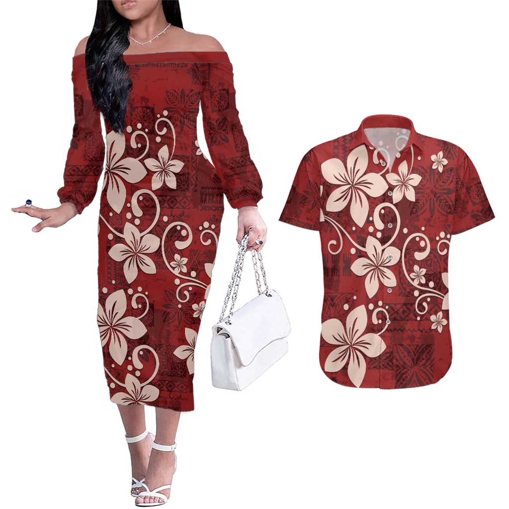 Plumeria Floral Tapa Pattern Oxblood Red Couples Matching Off The Shoulder Long Sleeve Dress and Hawaiian Shirt LT01 Red - Polynesian Pride