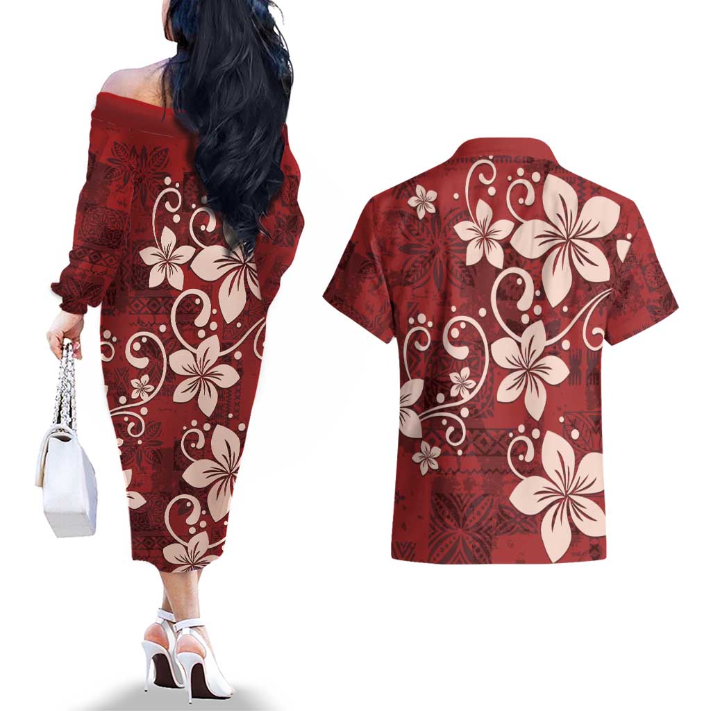 Plumeria Floral Tapa Pattern Oxblood Red Couples Matching Off The Shoulder Long Sleeve Dress and Hawaiian Shirt LT01 - Polynesian Pride