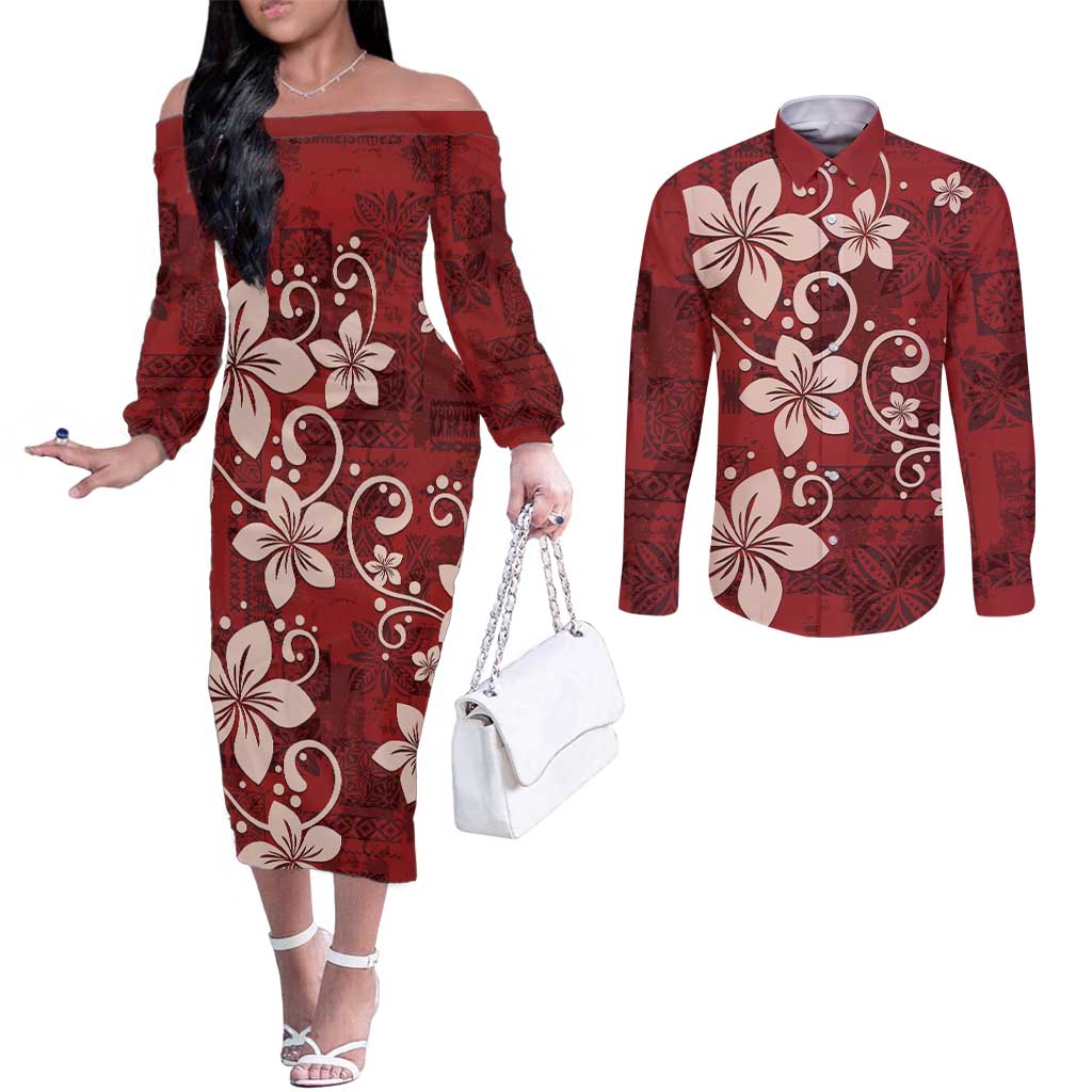 Plumeria Floral Tapa Pattern Oxblood Red Couples Matching Off The Shoulder Long Sleeve Dress and Long Sleeve Button Shirt LT01 Red - Polynesian Pride