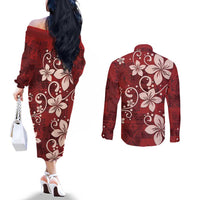 Plumeria Floral Tapa Pattern Oxblood Red Couples Matching Off The Shoulder Long Sleeve Dress and Long Sleeve Button Shirt LT01 - Polynesian Pride