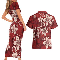 Plumeria Floral Tapa Pattern Oxblood Red Couples Matching Short Sleeve Bodycon Dress and Hawaiian Shirt LT01 - Polynesian Pride