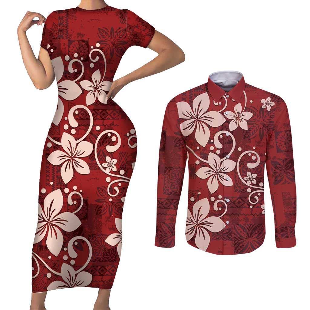 Plumeria Floral Tapa Pattern Oxblood Red Couples Matching Short Sleeve Bodycon Dress and Long Sleeve Button Shirt LT01 Red - Polynesian Pride