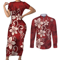 Plumeria Floral Tapa Pattern Oxblood Red Couples Matching Short Sleeve Bodycon Dress and Long Sleeve Button Shirt LT01 Red - Polynesian Pride