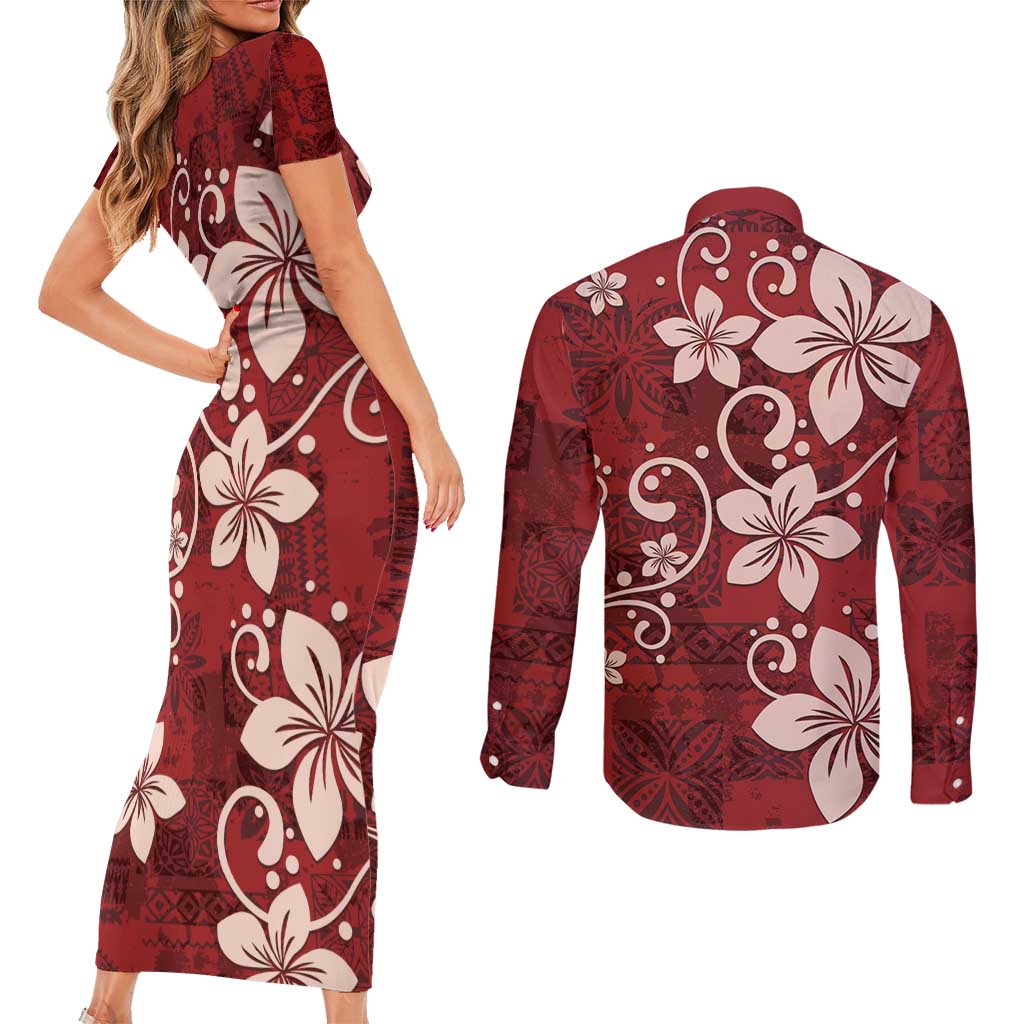 Plumeria Floral Tapa Pattern Oxblood Red Couples Matching Short Sleeve Bodycon Dress and Long Sleeve Button Shirt LT01 - Polynesian Pride