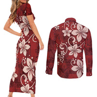 Plumeria Floral Tapa Pattern Oxblood Red Couples Matching Short Sleeve Bodycon Dress and Long Sleeve Button Shirt LT01 - Polynesian Pride