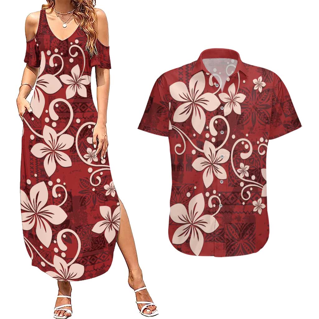 Plumeria Floral Tapa Pattern Oxblood Red Couples Matching Summer Maxi Dress and Hawaiian Shirt LT01 Red - Polynesian Pride
