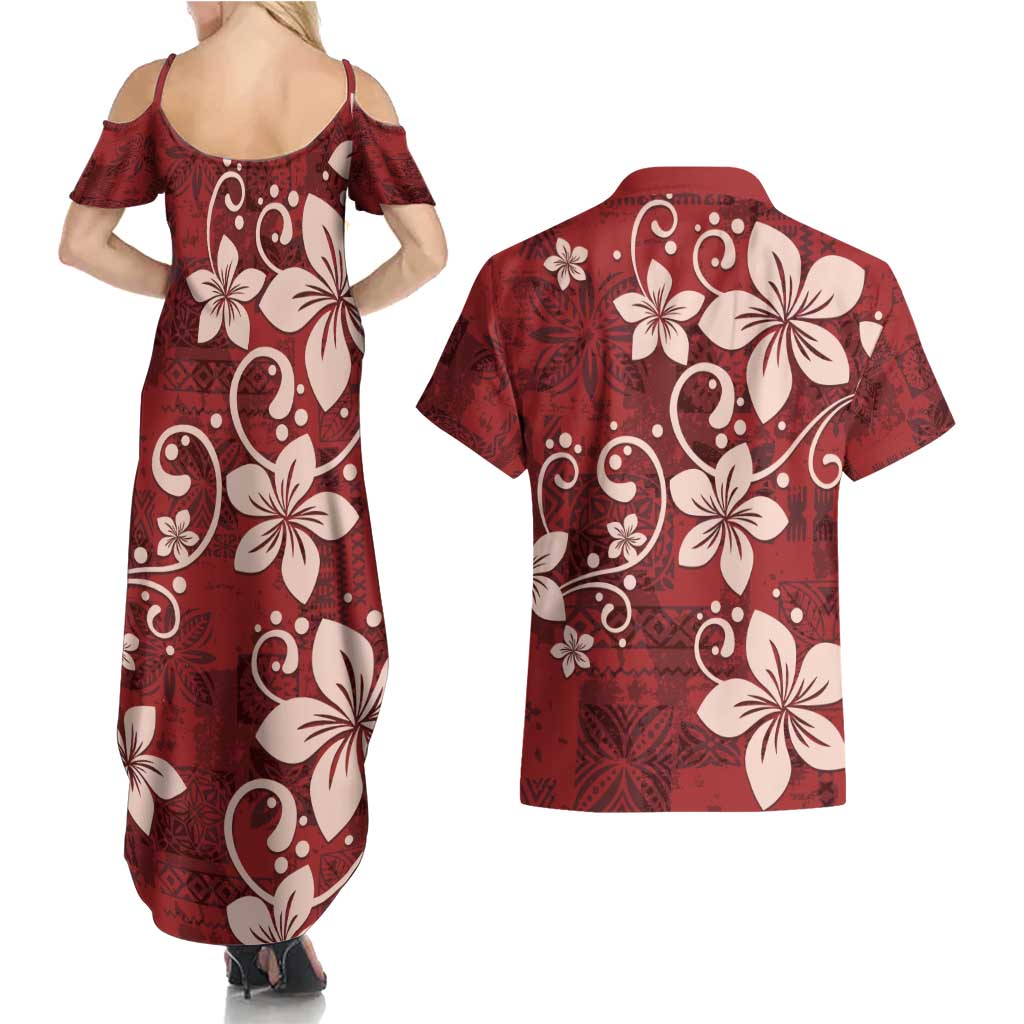 Plumeria Floral Tapa Pattern Oxblood Red Couples Matching Summer Maxi Dress and Hawaiian Shirt LT01 - Polynesian Pride
