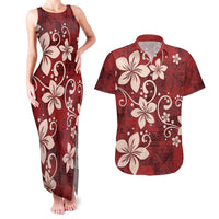 Plumeria Floral Tapa Pattern Oxblood Red Couples Matching Tank Maxi Dress and Hawaiian Shirt LT01 Red - Polynesian Pride