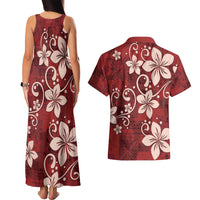 Plumeria Floral Tapa Pattern Oxblood Red Couples Matching Tank Maxi Dress and Hawaiian Shirt LT01 - Polynesian Pride