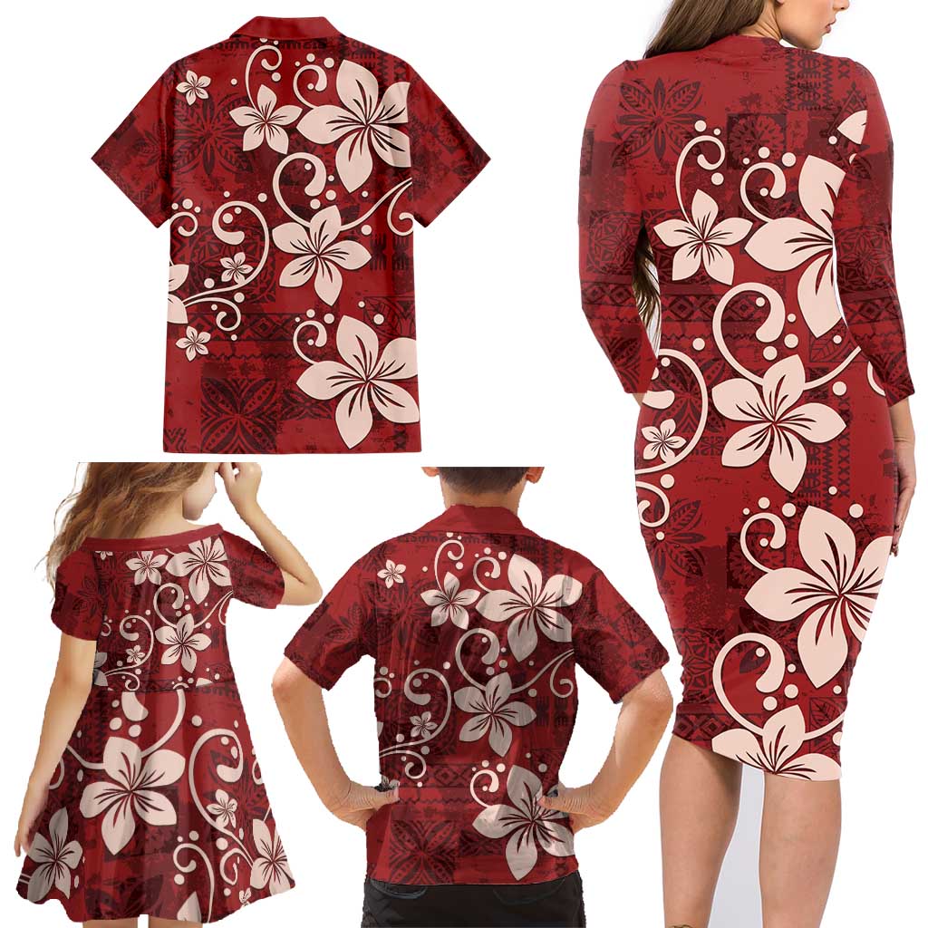 Plumeria Floral Tapa Pattern Oxblood Red Family Matching Long Sleeve Bodycon Dress and Hawaiian Shirt LT01 - Polynesian Pride