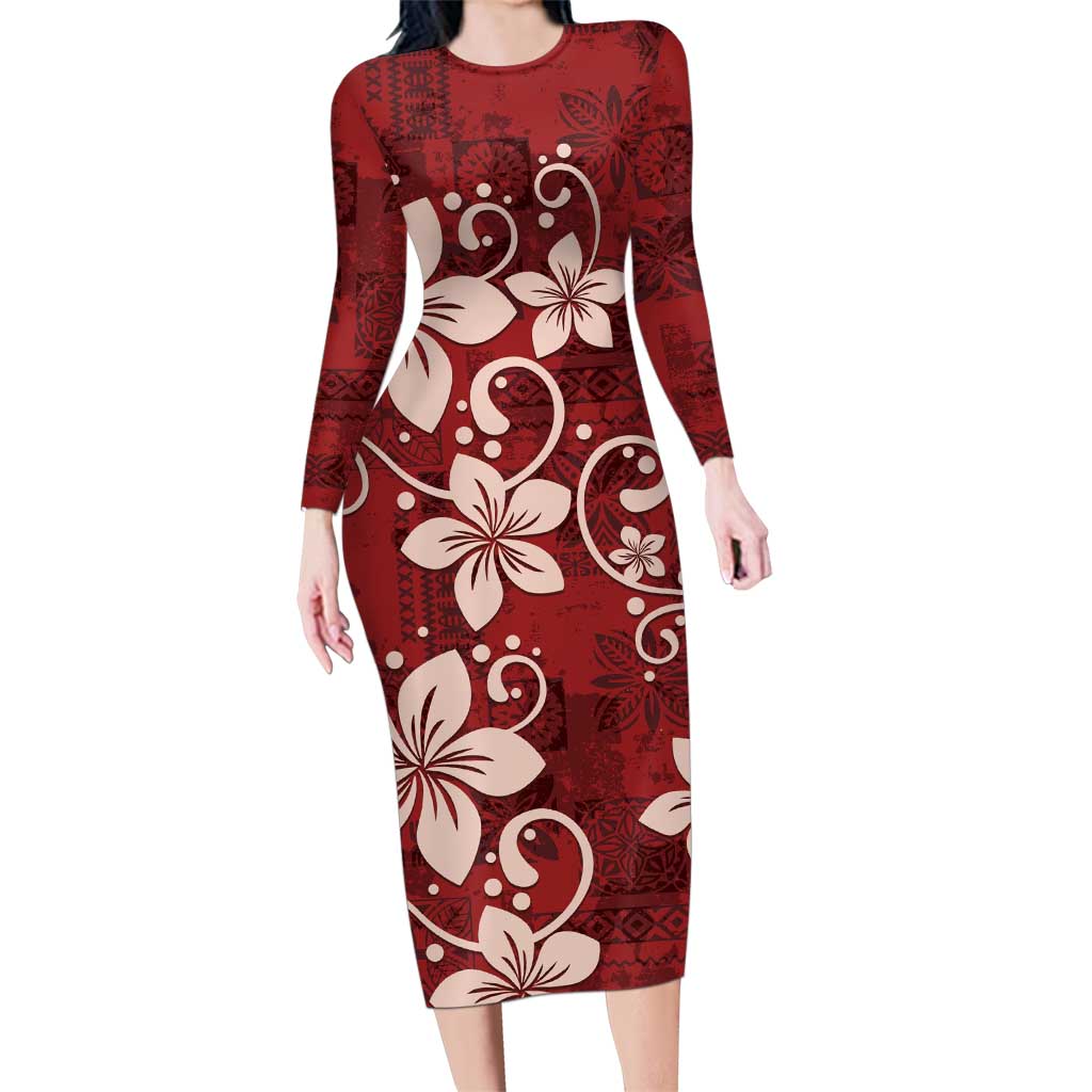 Plumeria Floral Tapa Pattern Oxblood Red Family Matching Long Sleeve Bodycon Dress and Hawaiian Shirt LT01 Mom's Dress Red - Polynesian Pride