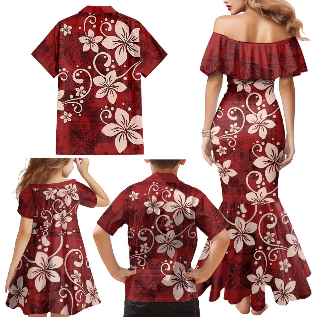 Plumeria Floral Tapa Pattern Oxblood Red Family Matching Mermaid Dress and Hawaiian Shirt LT01 - Polynesian Pride