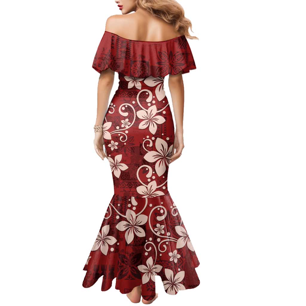 Plumeria Floral Tapa Pattern Oxblood Red Family Matching Mermaid Dress and Hawaiian Shirt LT01 - Polynesian Pride