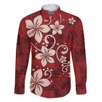 Plumeria Floral Tapa Pattern Oxblood Red Family Matching Off The Shoulder Long Sleeve Dress and Hawaiian Shirt LT01 Dad's Shirt - Long Sleeve Red - Polynesian Pride