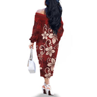 Plumeria Floral Tapa Pattern Oxblood Red Family Matching Off The Shoulder Long Sleeve Dress and Hawaiian Shirt LT01 - Polynesian Pride