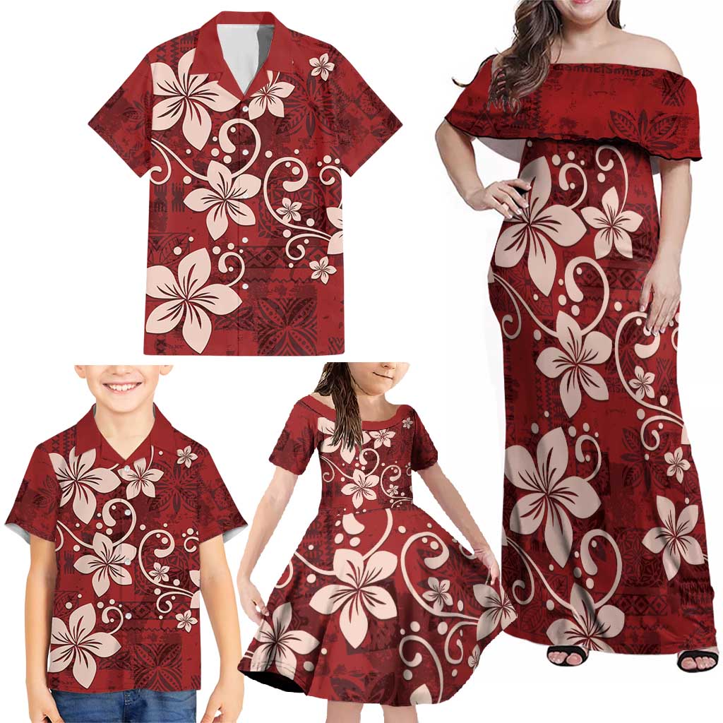 Plumeria Floral Tapa Pattern Oxblood Red Family Matching Off Shoulder Maxi Dress and Hawaiian Shirt LT01 - Polynesian Pride