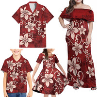 Plumeria Floral Tapa Pattern Oxblood Red Family Matching Off Shoulder Maxi Dress and Hawaiian Shirt LT01 - Polynesian Pride