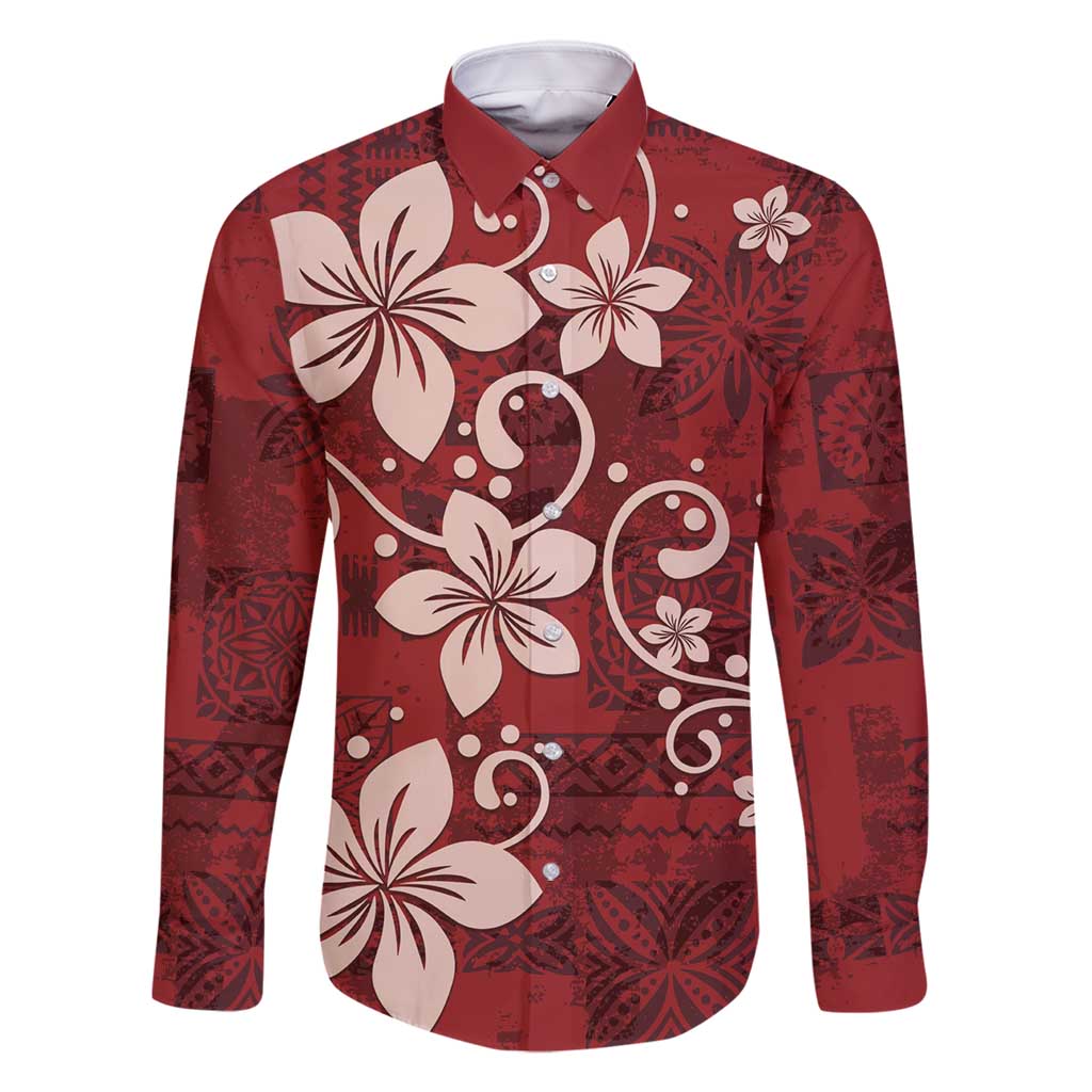 Plumeria Floral Tapa Pattern Oxblood Red Family Matching Off Shoulder Maxi Dress and Hawaiian Shirt LT01 Dad's Shirt - Long Sleeve Red - Polynesian Pride