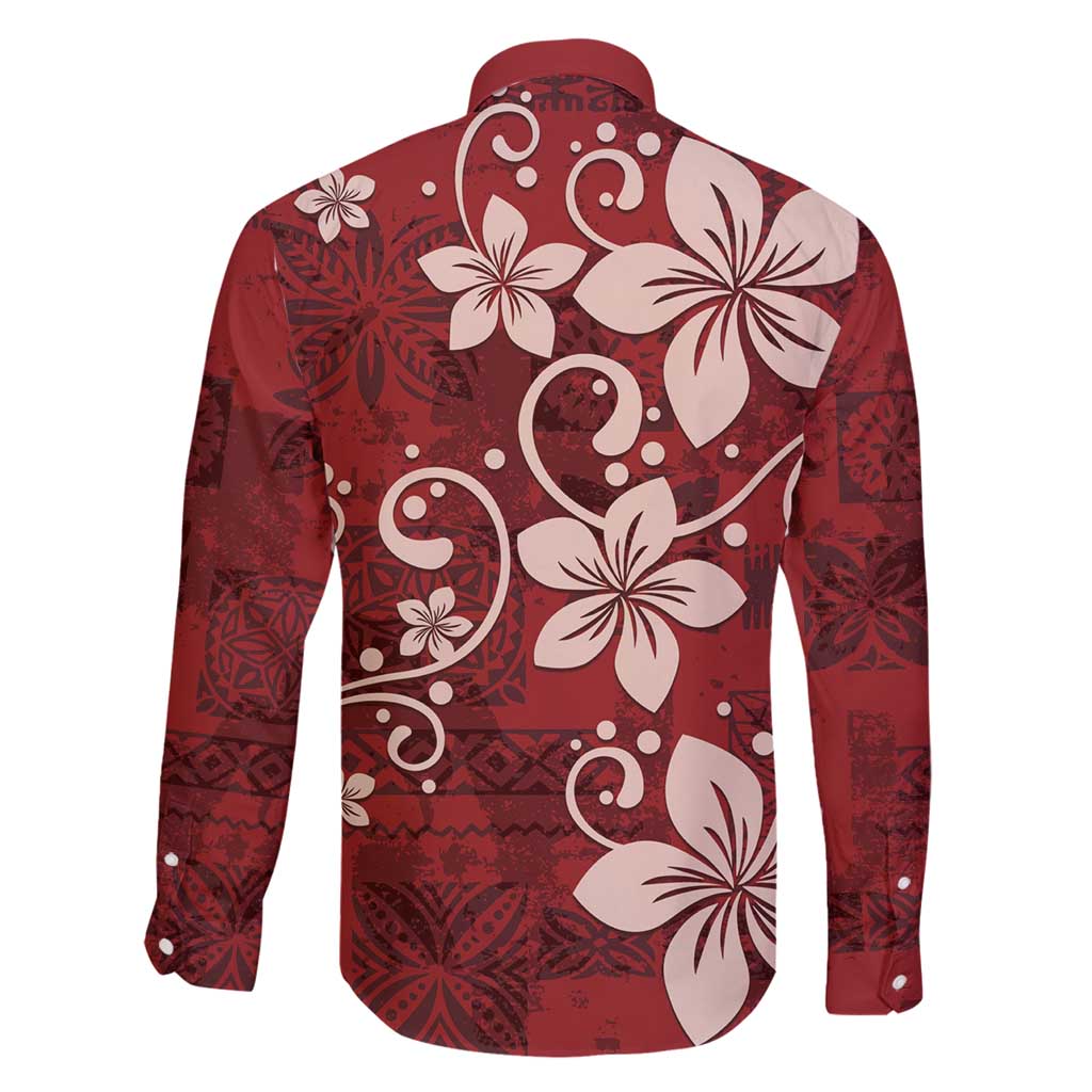 Plumeria Floral Tapa Pattern Oxblood Red Family Matching Off Shoulder Maxi Dress and Hawaiian Shirt LT01 - Polynesian Pride