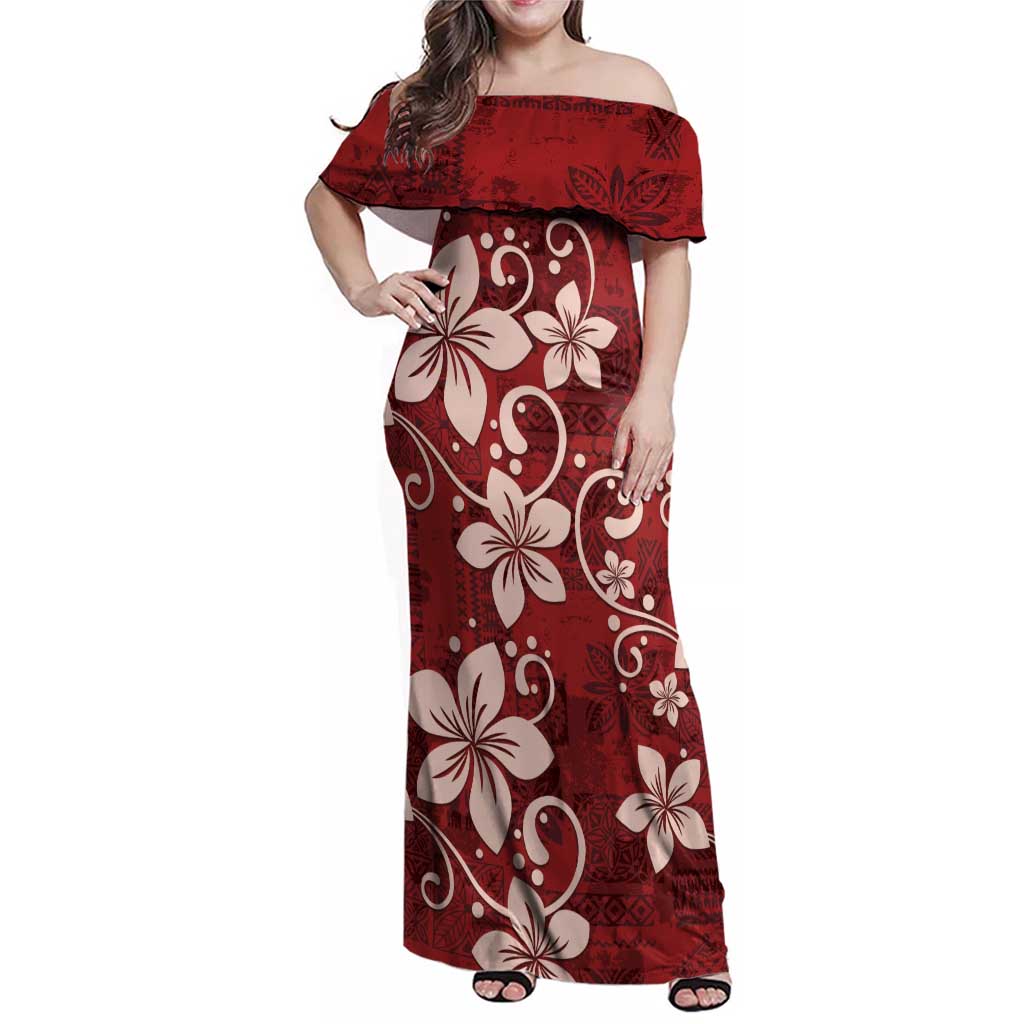 Plumeria Floral Tapa Pattern Oxblood Red Family Matching Off Shoulder Maxi Dress and Hawaiian Shirt LT01 Mom's Dress Red - Polynesian Pride