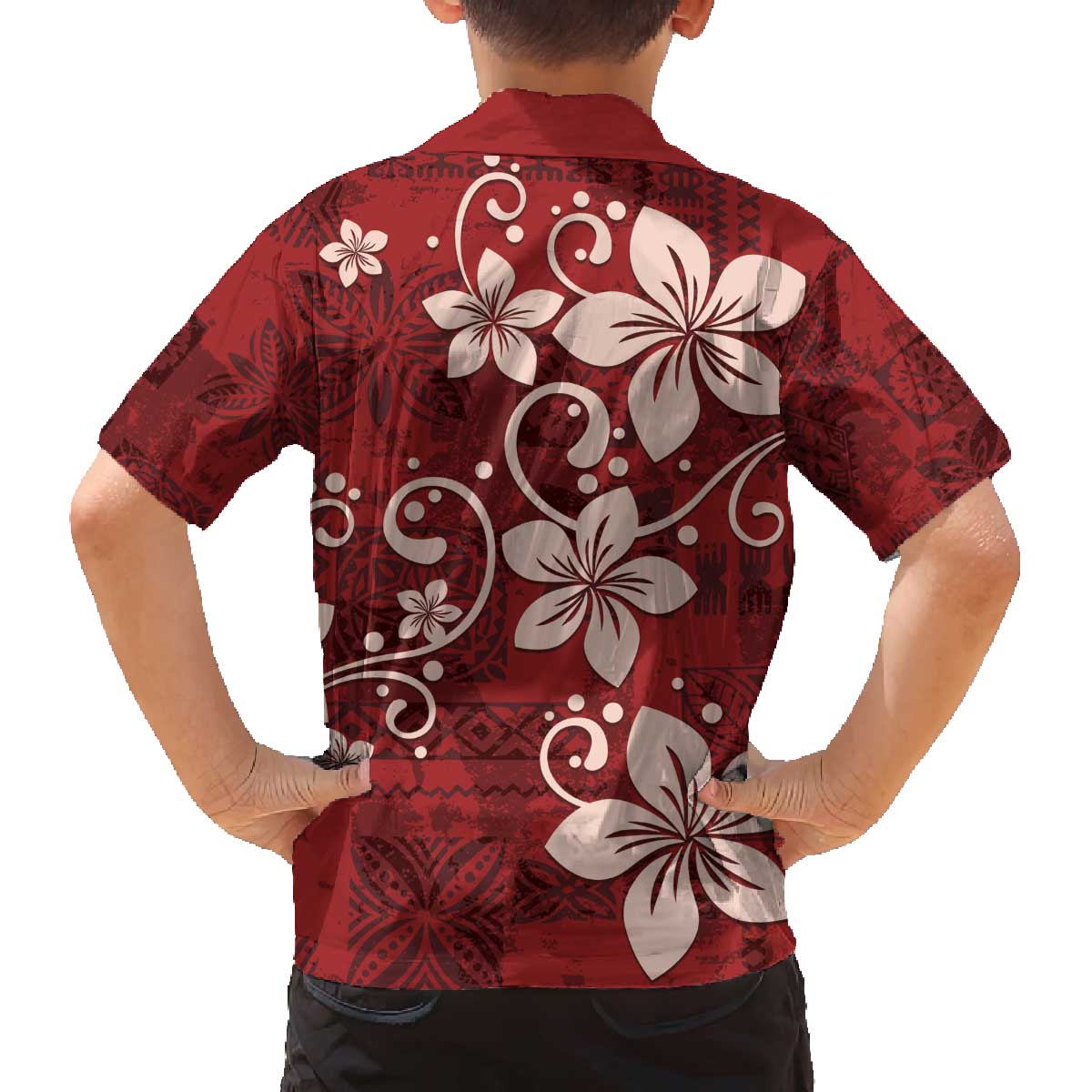 Plumeria Floral Tapa Pattern Oxblood Red Family Matching Off Shoulder Short Dress and Hawaiian Shirt LT01 - Polynesian Pride
