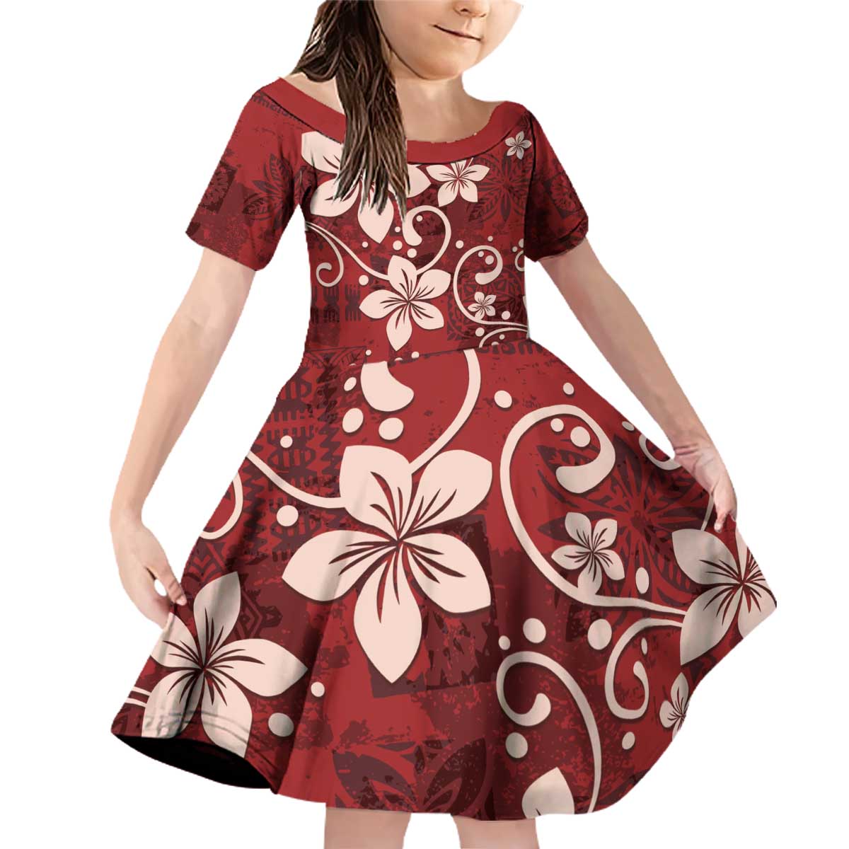 Plumeria Floral Tapa Pattern Oxblood Red Family Matching Off Shoulder Short Dress and Hawaiian Shirt LT01 Daughter's Dress Red - Polynesian Pride