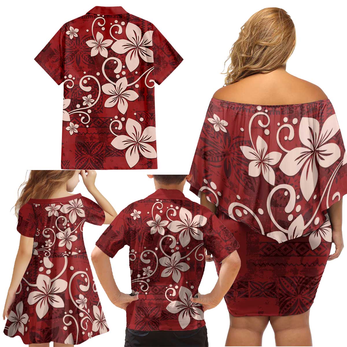 Plumeria Floral Tapa Pattern Oxblood Red Family Matching Off Shoulder Short Dress and Hawaiian Shirt LT01 - Polynesian Pride