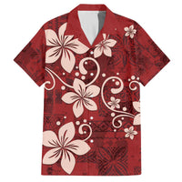 Plumeria Floral Tapa Pattern Oxblood Red Family Matching Off Shoulder Short Dress and Hawaiian Shirt LT01 Dad's Shirt - Short Sleeve Red - Polynesian Pride