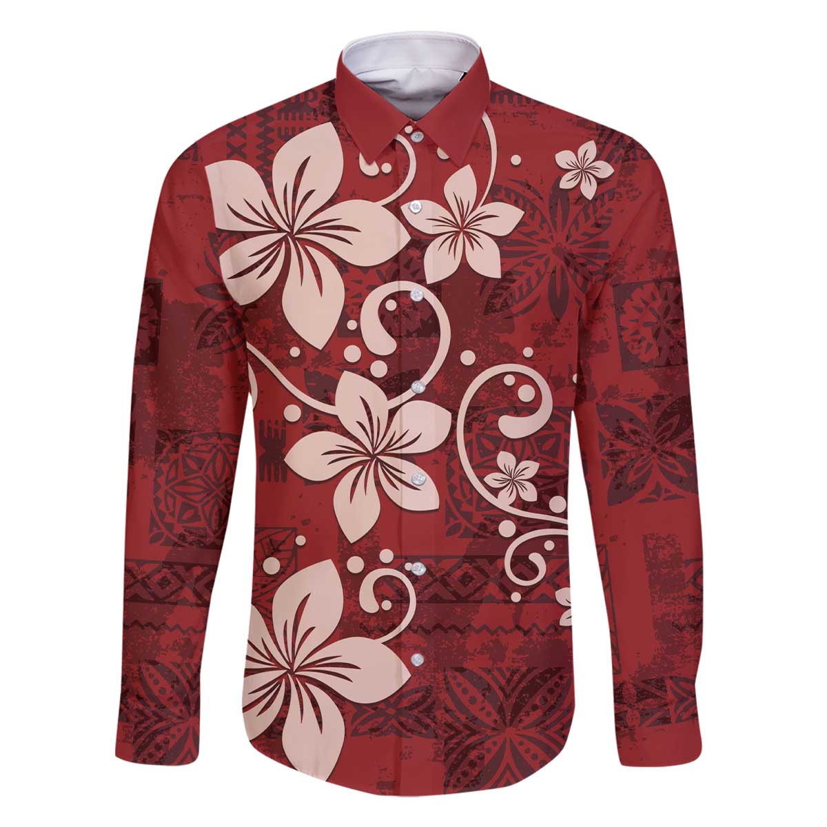 Plumeria Floral Tapa Pattern Oxblood Red Family Matching Off Shoulder Short Dress and Hawaiian Shirt LT01 Dad's Shirt - Long Sleeve Red - Polynesian Pride