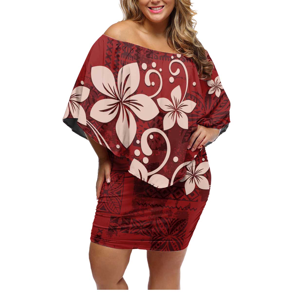 Plumeria Floral Tapa Pattern Oxblood Red Family Matching Off Shoulder Short Dress and Hawaiian Shirt LT01 Mom's Dress Red - Polynesian Pride