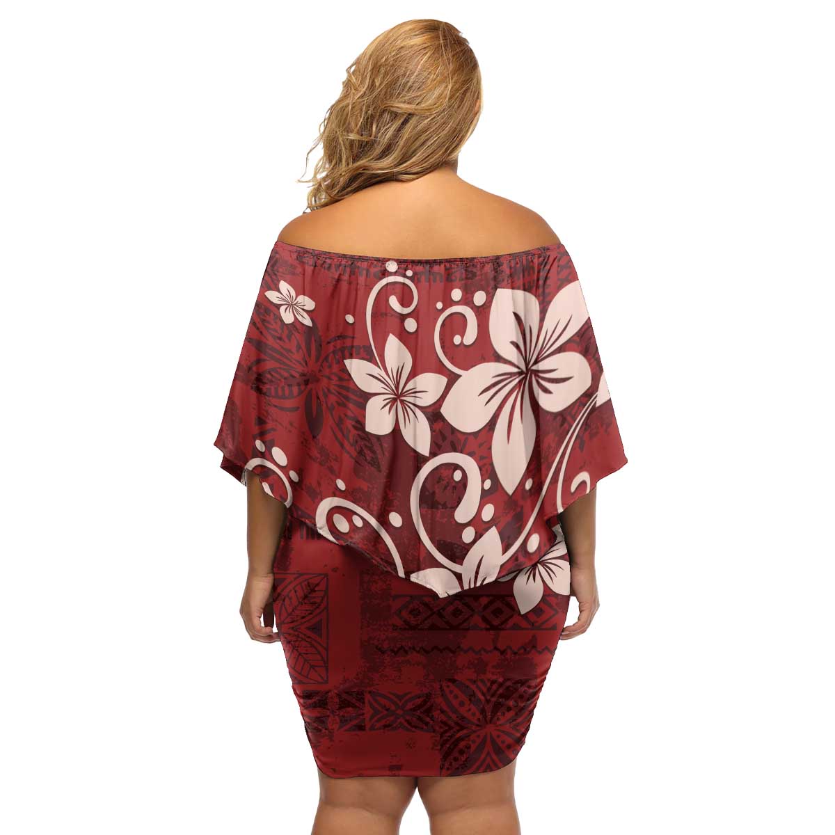 Plumeria Floral Tapa Pattern Oxblood Red Family Matching Off Shoulder Short Dress and Hawaiian Shirt LT01 - Polynesian Pride