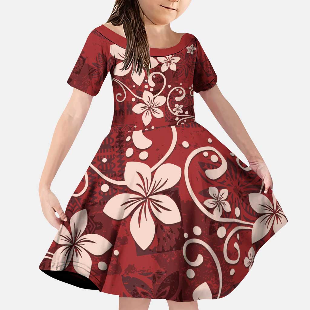 Plumeria Floral Tapa Pattern Oxblood Red Family Matching Puletasi and Hawaiian Shirt LT01 Daughter's Dress Red - Polynesian Pride