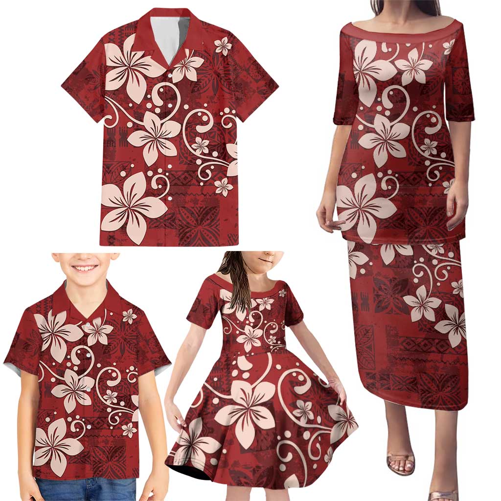 Plumeria Floral Tapa Pattern Oxblood Red Family Matching Puletasi and Hawaiian Shirt LT01 - Polynesian Pride
