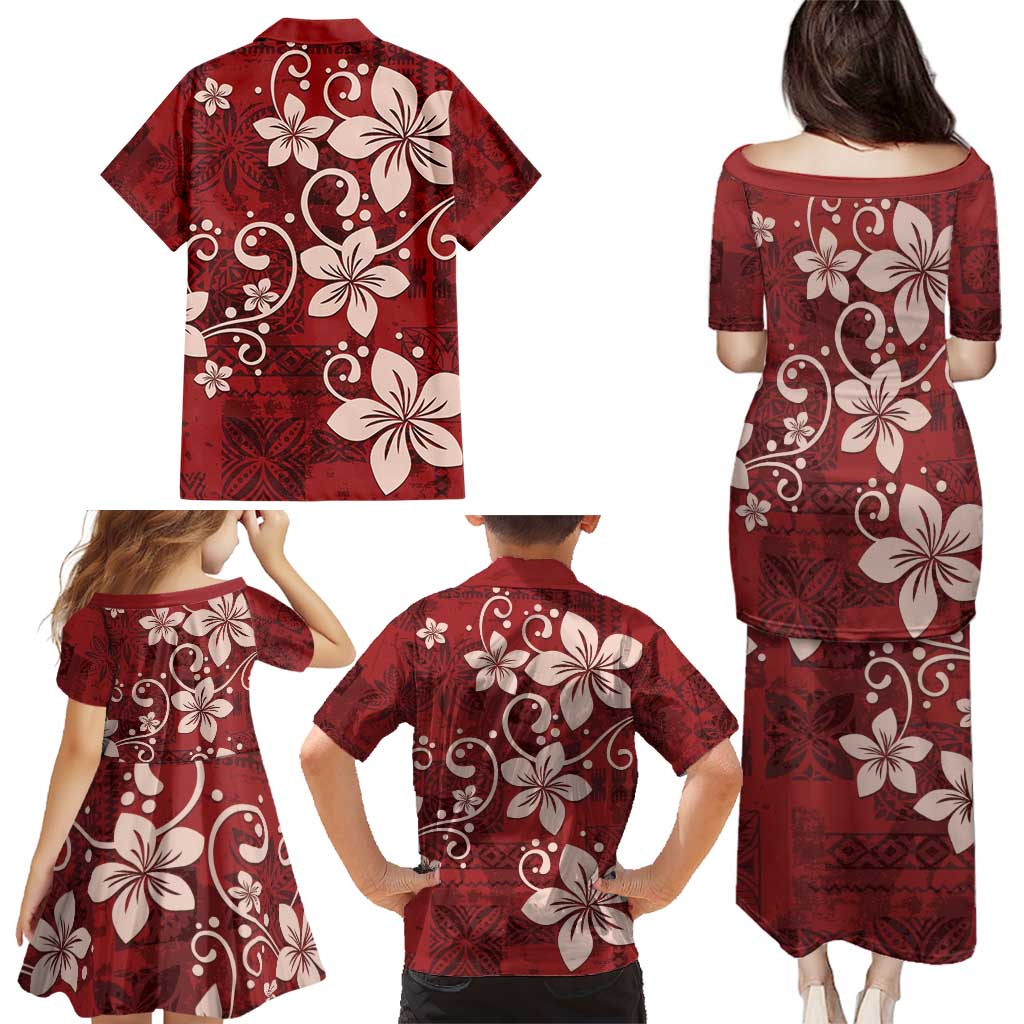 Plumeria Floral Tapa Pattern Oxblood Red Family Matching Puletasi and Hawaiian Shirt LT01 - Polynesian Pride