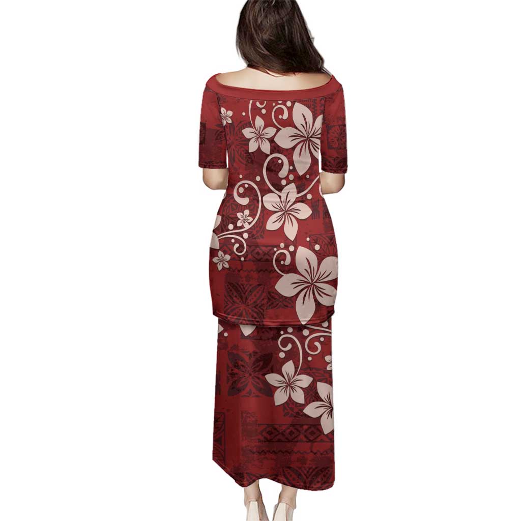 Plumeria Floral Tapa Pattern Oxblood Red Family Matching Puletasi and Hawaiian Shirt LT01 - Polynesian Pride