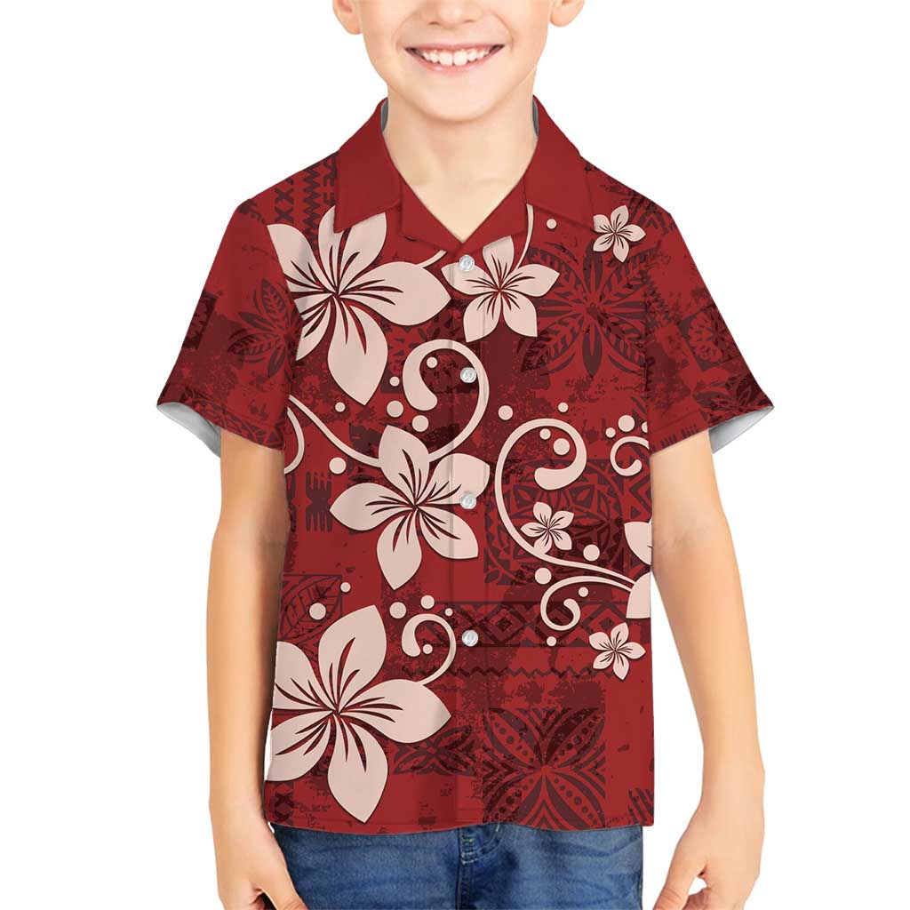 Plumeria Floral Tapa Pattern Oxblood Red Family Matching Tank Maxi Dress and Hawaiian Shirt LT01 Son's Shirt Red - Polynesian Pride