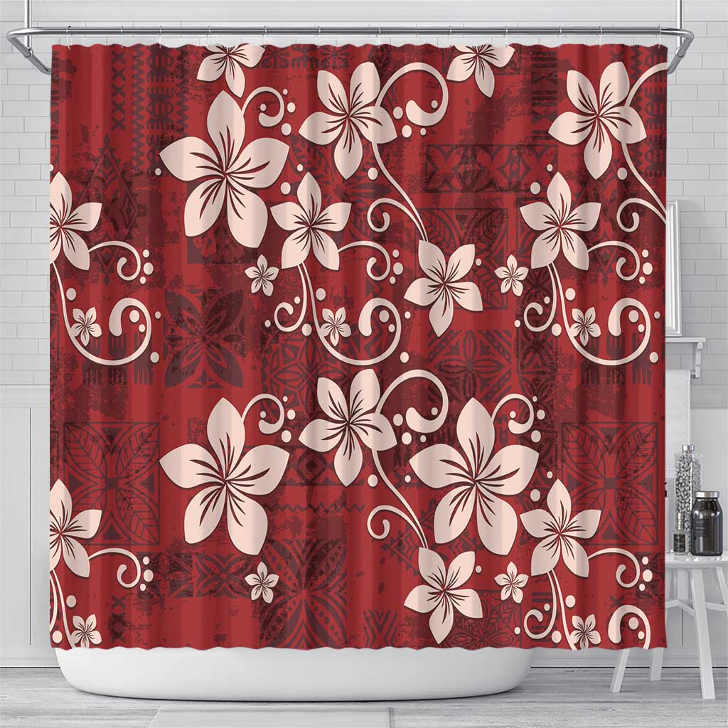 Plumeria Floral Tapa Pattern Oxblood Red Shower Curtain LT01 - Polynesian Pride